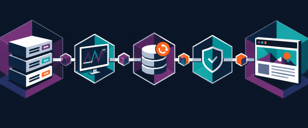 Server, monitoring, backup, security, and restored website connected in one recovery path